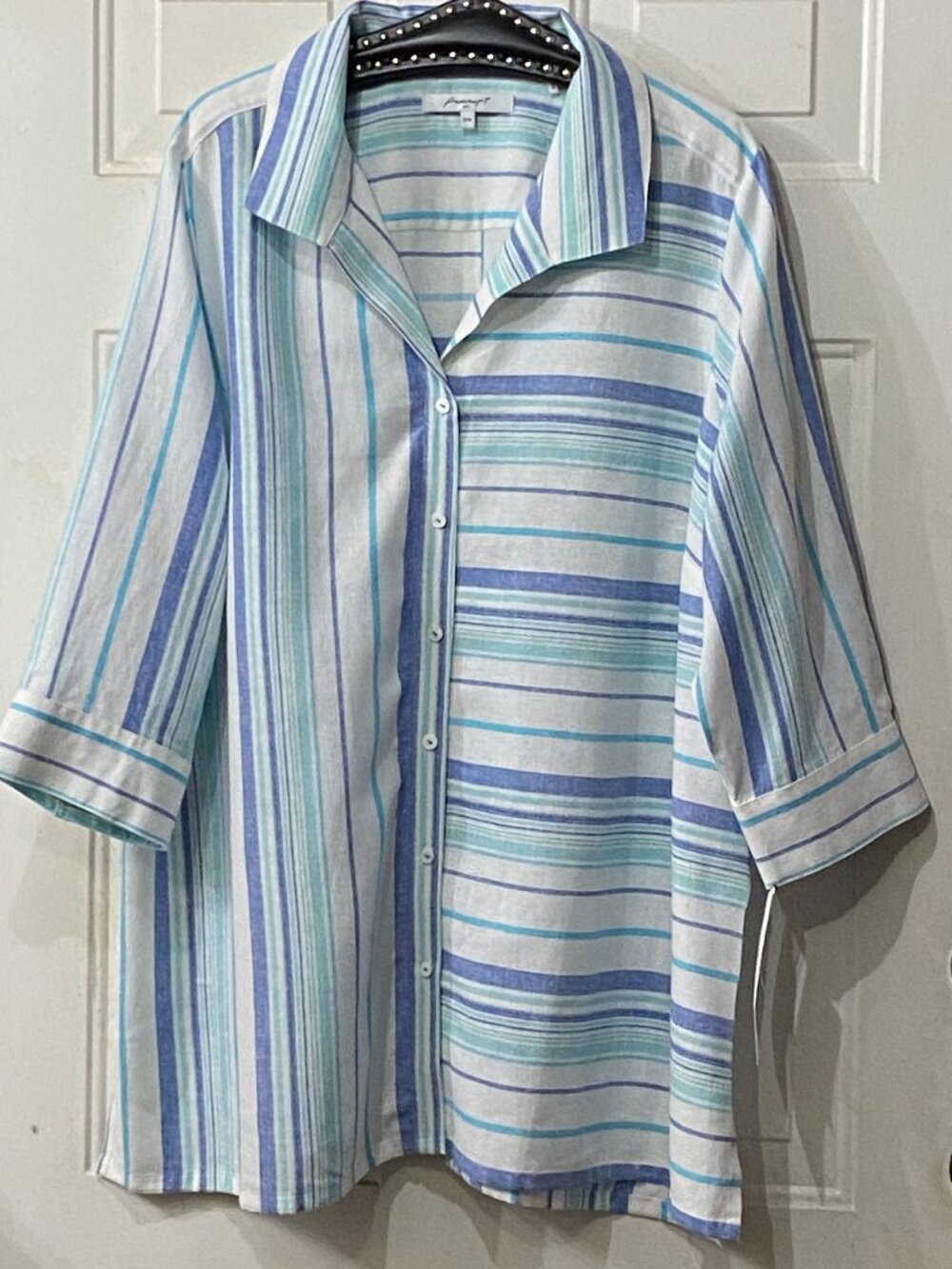 NWT Foxcroft Santino Sz 18W Tunic Button Up 3/4 Sleeve Linen Blend Multi Striped